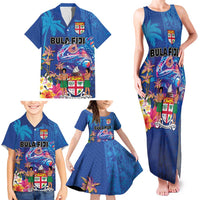 Fiji Bula Family Matching Tank Maxi Dress and Hawaiian Shirt Tropical Plants with Palm Tree and Iguana Colorful LT03 - Polynesian Pride