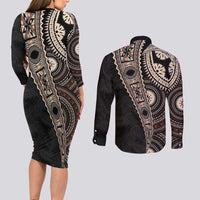 Fiji Traditional Masi Couples Matching Long Sleeve Bodycon Dress and Long Sleeve Button Shirt Tapa Art Palm Leaves Pattern LT03 - Polynesian Pride
