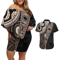 Fiji Traditional Masi Couples Matching Off Shoulder Short Dress and Hawaiian Shirt Tapa Art Palm Leaves Pattern LT03 Brown - Polynesian Pride