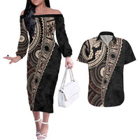 Fiji Traditional Masi Couples Matching Off The Shoulder Long Sleeve Dress and Hawaiian Shirt Tapa Art Palm Leaves Pattern LT03 Brown - Polynesian Pride