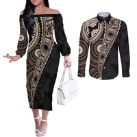 Fiji Traditional Masi Couples Matching Off The Shoulder Long Sleeve Dress and Long Sleeve Button Shirt Tapa Art Palm Leaves Pattern LT03 Brown - Polynesian Pride