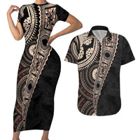 Fiji Traditional Masi Couples Matching Short Sleeve Bodycon Dress and Hawaiian Shirt Tapa Art Palm Leaves Pattern LT03 Brown - Polynesian Pride