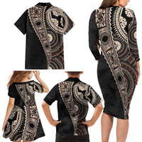 Fiji Traditional Masi Family Matching Long Sleeve Bodycon Dress and Hawaiian Shirt Tapa Art Palm Leaves Pattern LT03 - Polynesian Pride