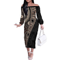 Fiji Traditional Masi Family Matching Off The Shoulder Long Sleeve Dress and Hawaiian Shirt Tapa Art Palm Leaves Pattern LT03 Mom's Dress Brown - Polynesian Pride
