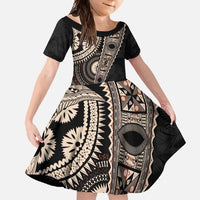 Fiji Traditional Masi Family Matching Off Shoulder Maxi Dress and Hawaiian Shirt Tapa Art Palm Leaves Pattern LT03 Daughter's Dress Brown - Polynesian Pride