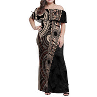 Fiji Traditional Masi Family Matching Off Shoulder Maxi Dress and Hawaiian Shirt Tapa Art Palm Leaves Pattern LT03 Mom's Dress Brown - Polynesian Pride