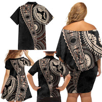 Fiji Traditional Masi Family Matching Off Shoulder Short Dress and Hawaiian Shirt Tapa Art Palm Leaves Pattern LT03 - Polynesian Pride