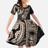 Fiji Traditional Masi Family Matching Puletasi and Hawaiian Shirt Tapa Art Palm Leaves Pattern LT03 Daughter's Dress Brown - Polynesian Pride