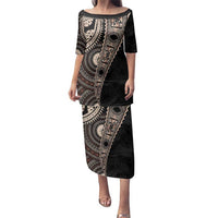 Fiji Traditional Masi Family Matching Puletasi and Hawaiian Shirt Tapa Art Palm Leaves Pattern LT03 Mom's Dress Brown - Polynesian Pride