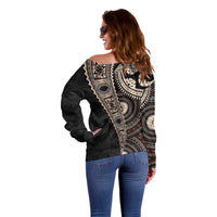 Fiji Traditional Masi Off Shoulder Sweater Tapa Art Palm Leaves Pattern