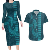 Aloha Hawaii Whale Kakau and Polynesian Tattoo Couples Matching Long Sleeve Bodycon Dress and Hawaiian Shirt Turquoise Color LT03 Turquoise - Polynesian Pride