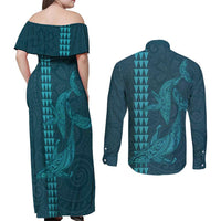 Aloha Hawaii Whale Kakau and Polynesian Tattoo Couples Matching Off Shoulder Maxi Dress and Long Sleeve Button Shirt Turquoise Color