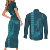 Aloha Hawaii Whale Kakau and Polynesian Tattoo Couples Matching Short Sleeve Bodycon Dress and Long Sleeve Button Shirt Turquoise Color