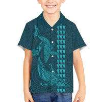 Aloha Hawaii Whale Kakau and Polynesian Tattoo Family Matching Tank Maxi Dress and Hawaiian Shirt Turquoise Color