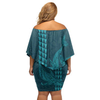 Aloha Hawaii Whale Kakau and Polynesian Tattoo Off Shoulder Short Dress Turquoise Color