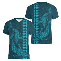 Aloha Hawaii Whale Kakau and Polynesian Tattoo Women V-Neck T-Shirt Turquoise Color LT03 - Polynesian Pride
