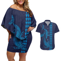 Aloha Hawaii Whale Kakau and Polynesian Tattoo Couples Matching Off Shoulder Short Dress and Hawaiian Shirt Dark Navy Color LT03 Dark Navy - Polynesian Pride