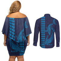Aloha Hawaii Whale Kakau and Polynesian Tattoo Couples Matching Off Shoulder Short Dress and Long Sleeve Button Shirt Dark Navy Color LT03 - Polynesian Pride