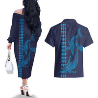 Aloha Hawaii Whale Kakau and Polynesian Tattoo Couples Matching Off The Shoulder Long Sleeve Dress and Hawaiian Shirt Dark Navy Color LT03 - Polynesian Pride