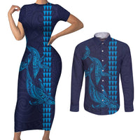 Aloha Hawaii Whale Kakau and Polynesian Tattoo Couples Matching Short Sleeve Bodycon Dress and Long Sleeve Button Shirt Dark Navy Color LT03 Dark Navy - Polynesian Pride