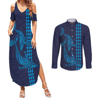 Aloha Hawaii Whale Kakau and Polynesian Tattoo Couples Matching Summer Maxi Dress and Long Sleeve Button Shirt Dark Navy Color LT03 Dark Navy - Polynesian Pride