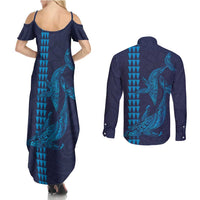 Aloha Hawaii Whale Kakau and Polynesian Tattoo Couples Matching Summer Maxi Dress and Long Sleeve Button Shirt Dark Navy Color LT03 - Polynesian Pride