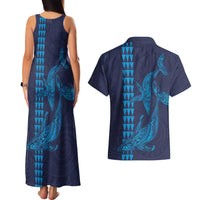 Aloha Hawaii Whale Kakau and Polynesian Tattoo Couples Matching Tank Maxi Dress and Hawaiian Shirt Dark Navy Color LT03 - Polynesian Pride