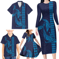 Aloha Hawaii Whale Kakau and Polynesian Tattoo Family Matching Long Sleeve Bodycon Dress and Hawaiian Shirt Dark Navy Color LT03 - Polynesian Pride