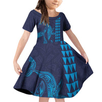 Aloha Hawaii Whale Kakau and Polynesian Tattoo Family Matching Off Shoulder Short Dress and Hawaiian Shirt Dark Navy Color LT03 Daughter's Dress Dark Navy - Polynesian Pride
