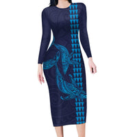 Aloha Hawaii Whale Kakau and Polynesian Tattoo Long Sleeve Bodycon Dress Dark Navy Color LT03 Long Dress Dark Navy - Polynesian Pride
