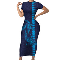 Aloha Hawaii Whale Kakau and Polynesian Tattoo Short Sleeve Bodycon Dress Dark Navy Color LT03 Long Dress Dark Navy - Polynesian Pride