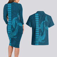 Aloha Hawaii Whale Kakau and Polynesian Tattoo Couples Matching Long Sleeve Bodycon Dress and Hawaiian Shirt Light Blue Color LT03 - Polynesian Pride