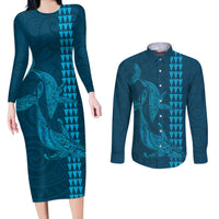 Aloha Hawaii Whale Kakau and Polynesian Tattoo Couples Matching Long Sleeve Bodycon Dress and Long Sleeve Button Shirt Light Blue Color LT03 Light Blue - Polynesian Pride