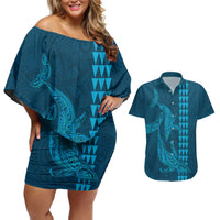 Aloha Hawaii Whale Kakau and Polynesian Tattoo Couples Matching Off Shoulder Short Dress and Hawaiian Shirt Light Blue Color LT03 Light Blue - Polynesian Pride