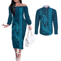 Aloha Hawaii Whale Kakau and Polynesian Tattoo Couples Matching Off The Shoulder Long Sleeve Dress and Long Sleeve Button Shirt Light Blue Color LT03 Light Blue - Polynesian Pride