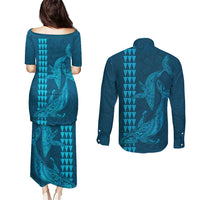 Aloha Hawaii Whale Kakau and Polynesian Tattoo Couples Matching Puletasi and Long Sleeve Button Shirt Light Blue Color LT03 - Polynesian Pride