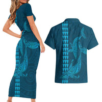 Aloha Hawaii Whale Kakau and Polynesian Tattoo Couples Matching Short Sleeve Bodycon Dress and Hawaiian Shirt Light Blue Color LT03 - Polynesian Pride