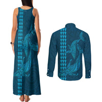 Aloha Hawaii Whale Kakau and Polynesian Tattoo Couples Matching Tank Maxi Dress and Long Sleeve Button Shirt Light Blue Color LT03 - Polynesian Pride