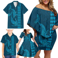 Aloha Hawaii Whale Kakau and Polynesian Tattoo Family Matching Off Shoulder Short Dress and Hawaiian Shirt Light Blue Color LT03 - Polynesian Pride