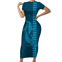 Aloha Hawaii Whale Kakau and Polynesian Tattoo Family Matching Short Sleeve Bodycon Dress and Hawaiian Shirt Light Blue Color LT03 Mom's Dress Light Blue - Polynesian Pride