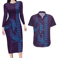 Aloha Hawaii Whale Kakau and Polynesian Tattoo Couples Matching Long Sleeve Bodycon Dress and Hawaiian Shirt Purple Color LT03 Purple - Polynesian Pride