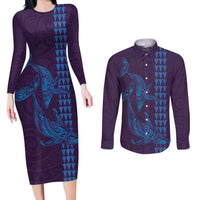 Aloha Hawaii Whale Kakau and Polynesian Tattoo Couples Matching Long Sleeve Bodycon Dress and Long Sleeve Button Shirt Purple Color LT03 Purple - Polynesian Pride