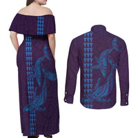 Aloha Hawaii Whale Kakau and Polynesian Tattoo Couples Matching Off Shoulder Maxi Dress and Long Sleeve Button Shirt Purple Color LT03 - Polynesian Pride