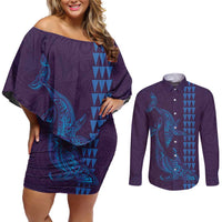 Aloha Hawaii Whale Kakau and Polynesian Tattoo Couples Matching Off Shoulder Short Dress and Long Sleeve Button Shirt Purple Color LT03 Purple - Polynesian Pride