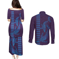 Aloha Hawaii Whale Kakau and Polynesian Tattoo Couples Matching Puletasi and Long Sleeve Button Shirt Purple Color LT03 - Polynesian Pride