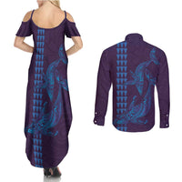 Aloha Hawaii Whale Kakau and Polynesian Tattoo Couples Matching Summer Maxi Dress and Long Sleeve Button Shirt Purple Color LT03 - Polynesian Pride