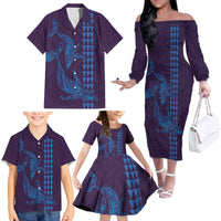 Aloha Hawaii Whale Kakau and Polynesian Tattoo Family Matching Off The Shoulder Long Sleeve Dress and Hawaiian Shirt Purple Color LT03 - Polynesian Pride