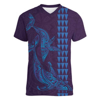 Aloha Hawaii Whale Kakau and Polynesian Tattoo Women V-Neck T-Shirt Purple Color LT03 Female Purple - Polynesian Pride
