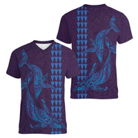Aloha Hawaii Whale Kakau and Polynesian Tattoo Women V-Neck T-Shirt Purple Color LT03 - Polynesian Pride