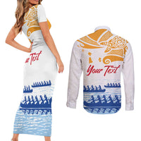 Personalised Hawaiki Nui Va'a French Polynesian Pattern Couples Matching Short Sleeve Bodycon Dress and Long Sleeve Button Shirt White Color LT03 - Polynesian Pride